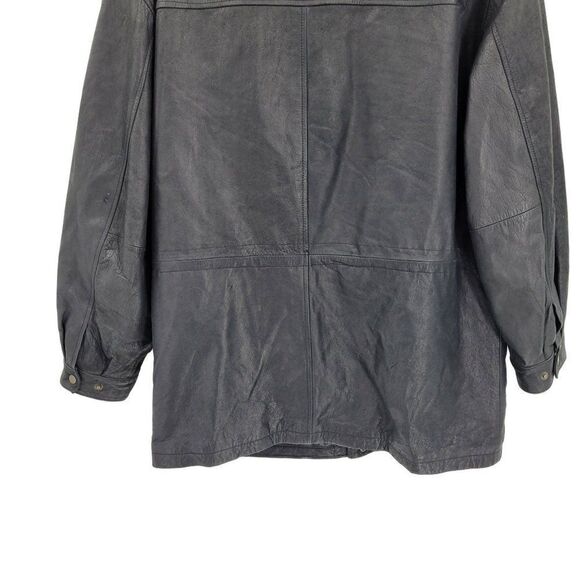 Vintage 80's John Ashford Leather Coat Anorak Jacket Collared Drawstring Black L - Picture 11 of 16